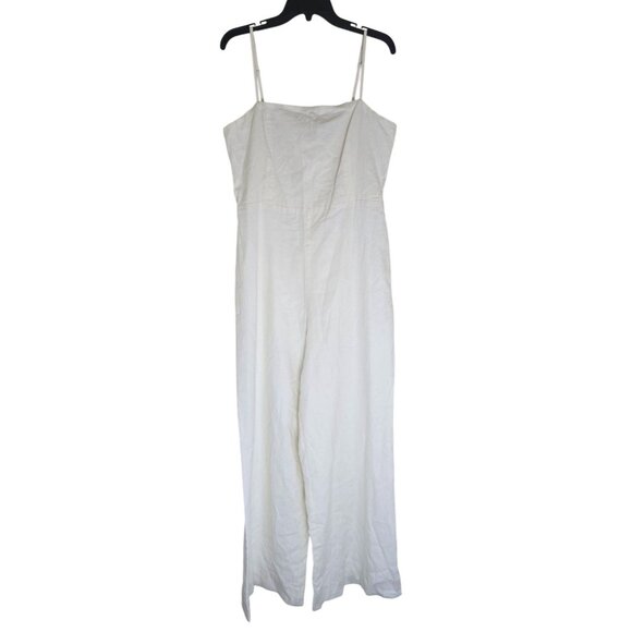 White Wide-Leg Linen Jumpsuit With Adjustable Spaghetti Straps & Smocked Back By - Picture 1 of 5